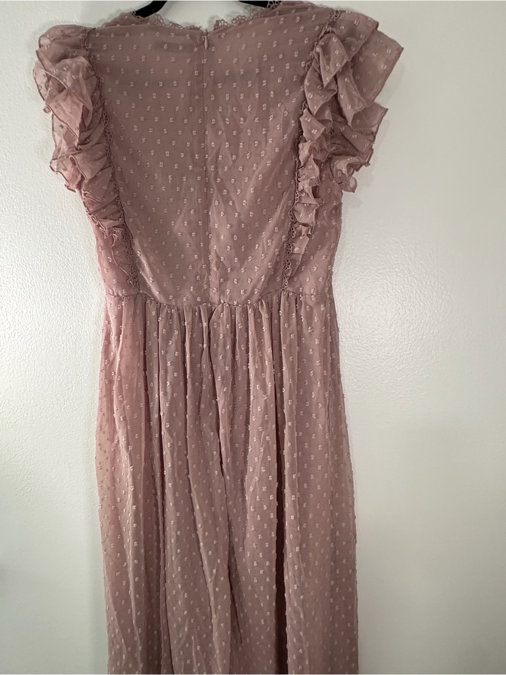 SHEIN Swiss Dot Ruffle Maxi Dress Pink Lace Flutter Sleeve Women Large - Picture 5 of 6